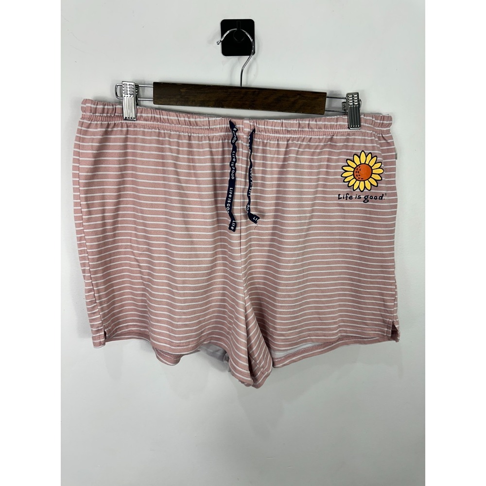 Life Is Good Sleep Shorts XL Pink Stripe Sunflower Lounge Pajama Cottagecore